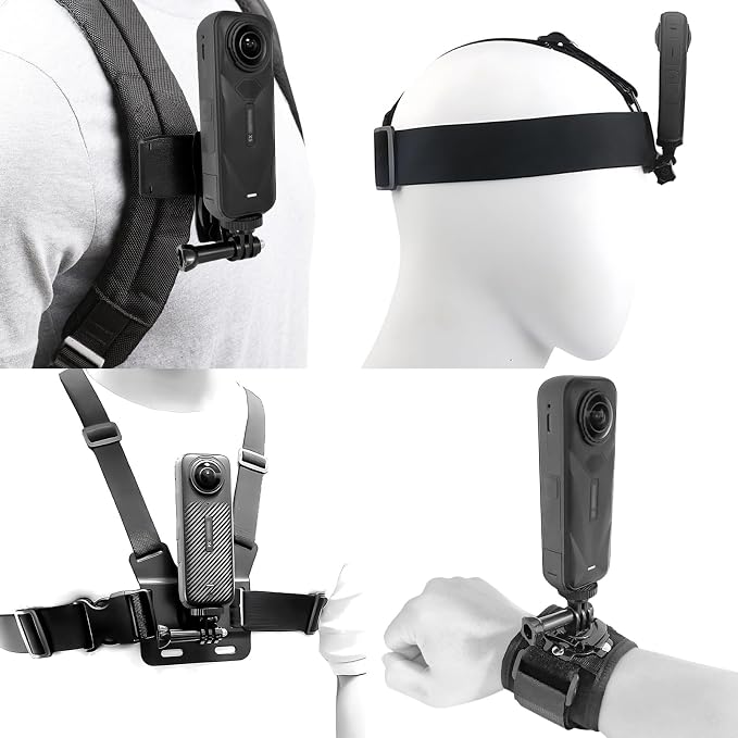 Accessories Set for Insta360 X5 X4 X3 X2 X, Head Strap Mount + Chest Mount Harness + Backpack Clip Holder + 360°Rotating Wrist Strap Compatible for GoPro Hero, DJI OSMO Action Camera and AK ASO by SRUIM