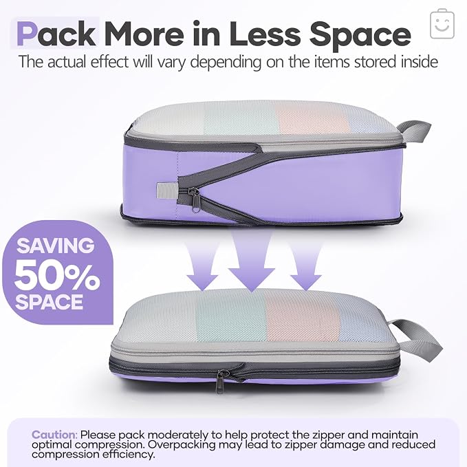 Veken 11 Set Compression Packing Cubes Garment Bags for Travel Essentials,Compressible Expandable Luggage Organizer Bags for Clothing,Space Saver Bags with Over 1000 pcs of Mesh Holes(Light Purple) - Image 6