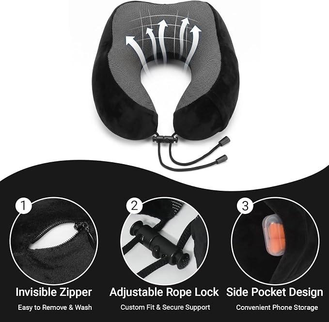 Travel Neck Pillow, 100% Memory Foam, U-Shaped with Storage Box, Black | 100% memory foam with 360-degree support & adjustable buckle. Compact storage box. Machine washable cover. Fits all necks. - Image 2