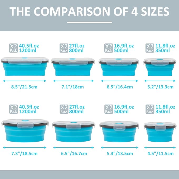 Collapsible Silicone Food Storage Containers Set with Lid & Air Vent, Foldable Lunch Containers, 16 Pack (8 Rectangular + 8 Round Bowls), BPA-Free, Space-Saving - Image 6