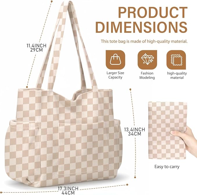 Corduroy Tote Bag for Women,Large Capacity Cute Tote Bags With 6 Pockets,Crossbody Shoulder Handbag for Work Travel Gym - Image 7