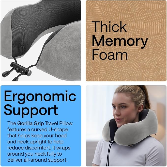 GORILLA GRIP Adjustable Travel Neck Pillow for Airplanes, CertiPUR-US® Memory Foam, Soft Velvet and Cooling Mesh Pillows, Support Headrest for Sleeping, Traveling Essentials, Flight Accessories, Gray - Image 3