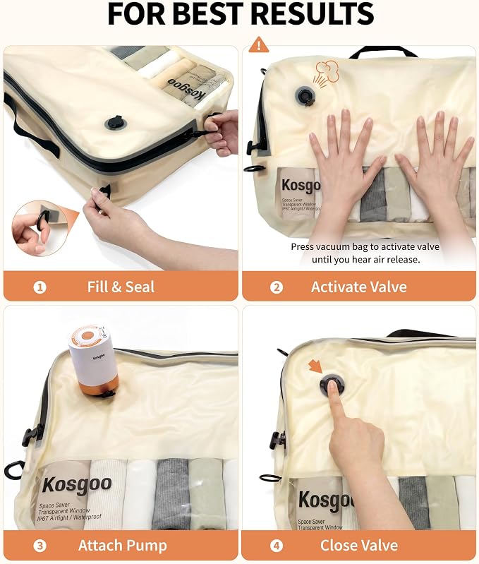 Vacuum Compression Packing Bags for Travel, Reusable Nylon Vacuum Bags with Pump, Expandable Luggage Organizer Set for Carry-On Suitcase Organizer (2 Pack with Pump, Beige) - Image 4