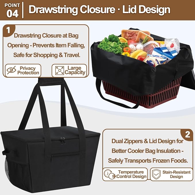 Reusable Grocery Bag – Expandable Insulated Cooler Bag with Bottom Board, Collapsible Insulated Shopping Bag with Zipper & Drawstring, Heavy Duty Tote Bag for Shopping, Delivery, Picnic, Beach - Image 6