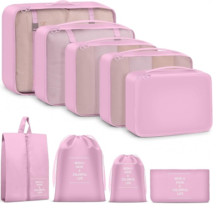 9 Set Packing Cubes for Travel Essentials - Lightweight Carry-On Luggage Organizer Bags with Shoe, Clothes & Laundry Bags for Airplane, Family & Business Travel, Pink by Unknown