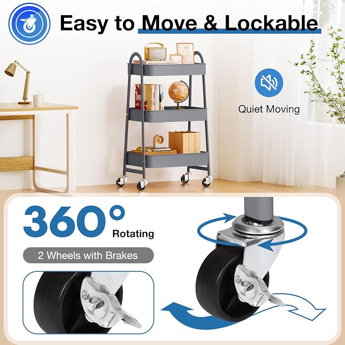 OLIXIS Metal Rolling Storage Utility Cart with Lockable Wheels 3 Tiers | Mobile Organizer Shelf, Space-Saving, Freestanding, Bathroom, Living Room, Slim, Narrow Corner Spaces, Gray - Image 3