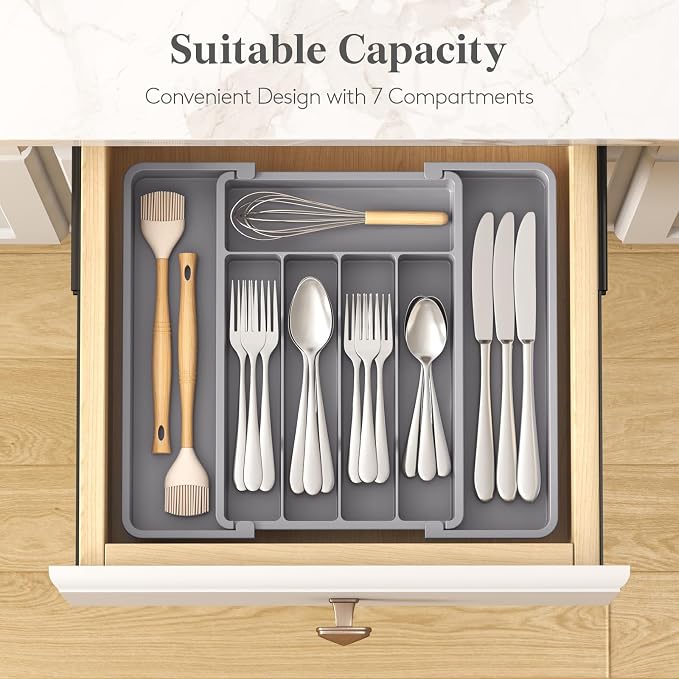 Lifewit Expandable Silverware Drawer Organizer, Kitchen Utensil Tray | BPA-free Plastic Flatware Cutlery Holder, Space-Saving Storage for Spoons Forks Knives, 8.5-14 x 12 x 1.5“, Gray - Image 3