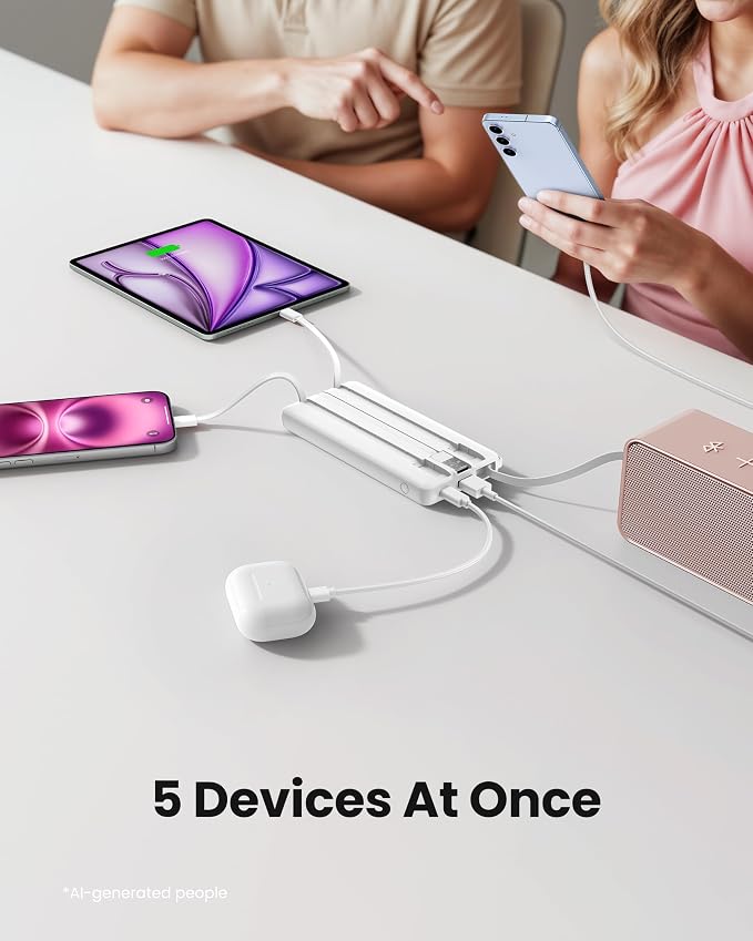 Portable Power Bank, 10000mAh Slim Portable Charger with Built-in Cables, External Battery Pack 5 Outputs 2 Inputs LED Display Compatible with iPhone/Android & More (White) - Image 3