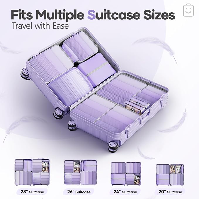 Veken 11 Set Compression Packing Cubes Garment Bags for Travel Essentials,Compressible Expandable Luggage Organizer Bags for Clothing,Space Saver Bags with Over 1000 pcs of Mesh Holes(Light Purple) - Image 8