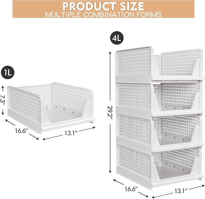 4 Pack Stackable Closet Storage Basket - Stackable Storage Bins | Multifunctional & Foldable Closet Organizer Waterproof, Wardrobe Cupboard Space-Saving Storage Drawer Organizer - Image 3