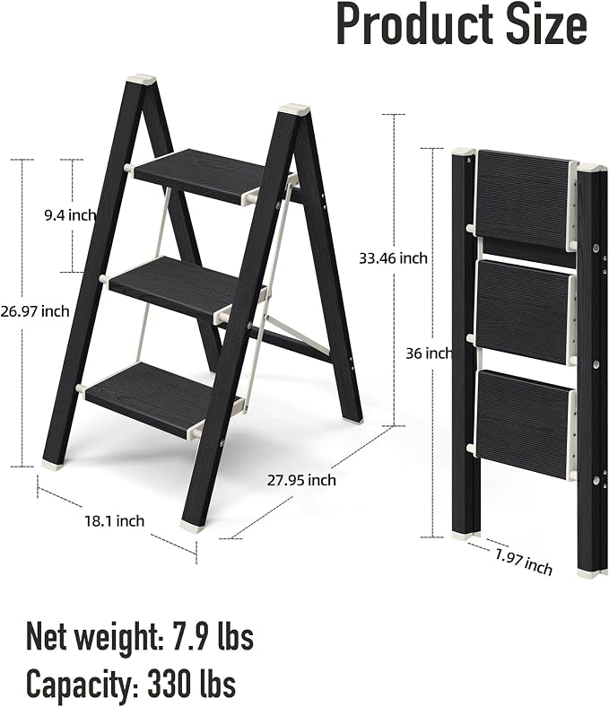 Mayi Plus 3 Step Stool Foldable, Aluminum, Lightweight Step Ladder | Extra-wide anti-slip folding steps with 330 lbs, for home,kitchen,office,outdoor,Ebony woodgrain - Image 6