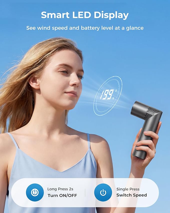 Portable Handheld Fan, Rechargeable, 199 Speeds, LED Display, Grey | 199-speed handheld fan with LED display, USB-C charging, 3000mAh battery for travel, office, outdoor, and makeup - Image 6