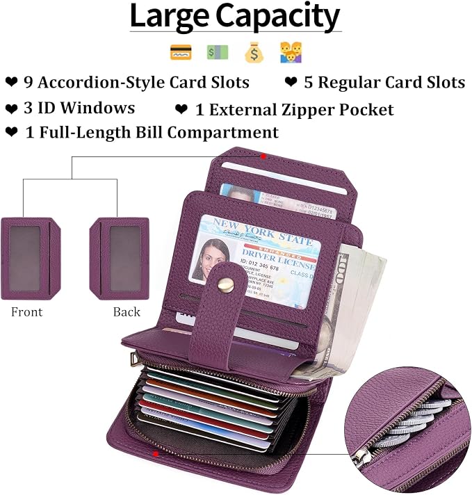 GAEKEAO Small Leather Credit Card Holder Wallets for Women RFID Blocking Bifold Wallet Zipper Pocket with Removable ID Window - Image 2