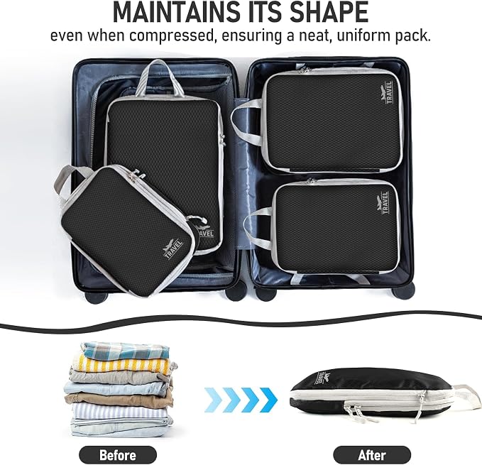 6 Set Compression Packing Cubes, Suitcase Organizer, Lightweight Travel Essentials, Compression Bags For Travel Accessories Luggage Storage Set (6Pcs, Black) - Image 5