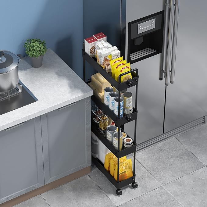 SOLEJAZZ Slim Rolling Storage Cart Skinny Bathroom Organizer, 4 Tier, Black | Thin utility cart with wheels for bathroom, laundry room, bedside, kitchen, dorm, office, next to fridge, small narrow places - Image 3
