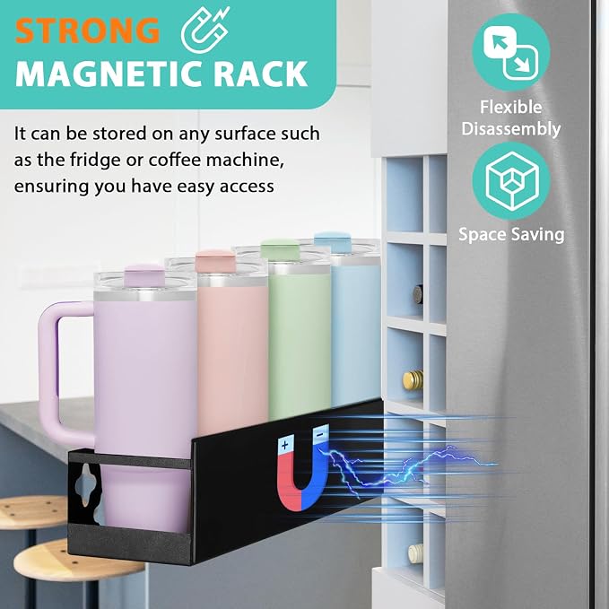 Magnetic Water Bottle Organizer for Fridge, Magnetic Cup Holder for 30 40 Oz with Tumbler Lid & Straw Organizer & Magnet Hooks, 8 Tumblers Kitchen Storage Rack for Cup Accessories, Space-Saving - Image 3