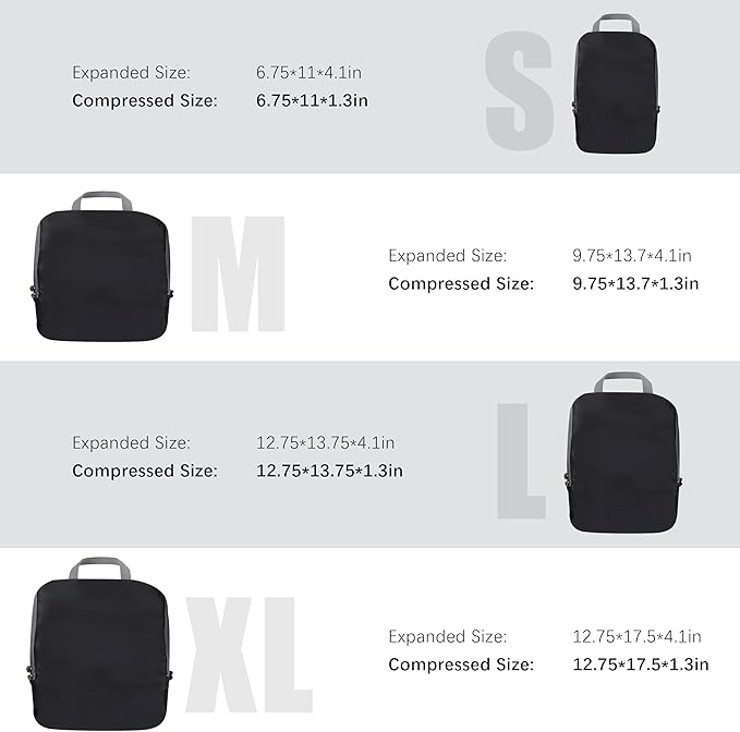 4 Set Compression Packing Cubes Travel - Travel Accessories Expandable Packing Organizers for Carry On - Essentials Luggage Bags - Black - Image 5