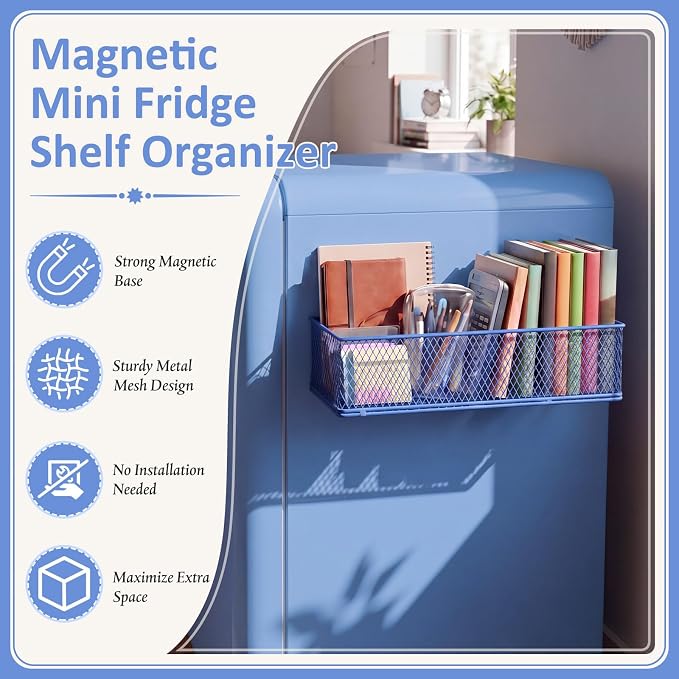 FoldTier 1 Pack Blue Magnetic Basket Dorm Mini Fridge Shelf Organizer Kitchen Storage Bin Container Spice Holder for Locker Refrigerator Pantry Dorm Essentials (13.8 x 3.1 x 4.9 Inch) - Image 3