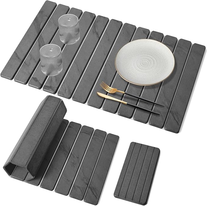 Large Stone Dish Drying Mat for Kitchen Counter, Quick Dry Dish Drying Mats, Foldable Absorbent Diatomaceous Earth Mats for Dishes Bottles Cup, Match Any Countertop (Gray Marble 28"×16" & 8"x4") by Lprmnnc