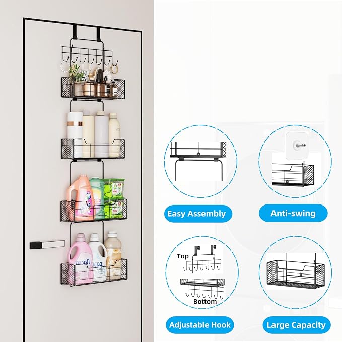 Over The Door Organizer Storage with 4 Metal Large Capacity Baskets | Adjustable Hooks, Behind Door Storage, For Bedroom Bathroom Kitchen Office Pantry Closet - Image 3