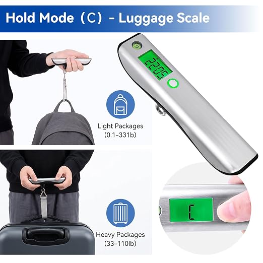 110lb Digital Luggage Scale with Overweight Alert for Air Travel | Bubble Level, 3 ft Tape Measure, Backlit LCD Display, Portable Handheld Hanging Scale for Travel, Fishing, Hunting, Home Use - Image 5