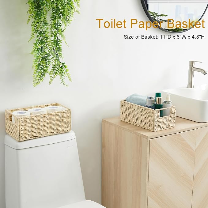Wicker Storage Basket, Set of 2 Hand-Woven Paper Rope Wicker Basket, Small Storage Baskets for Organizing Toilet Paper Basket, Foldable Large Cube Storage Organizer Bins for Shelves (Beige) - Image 5
