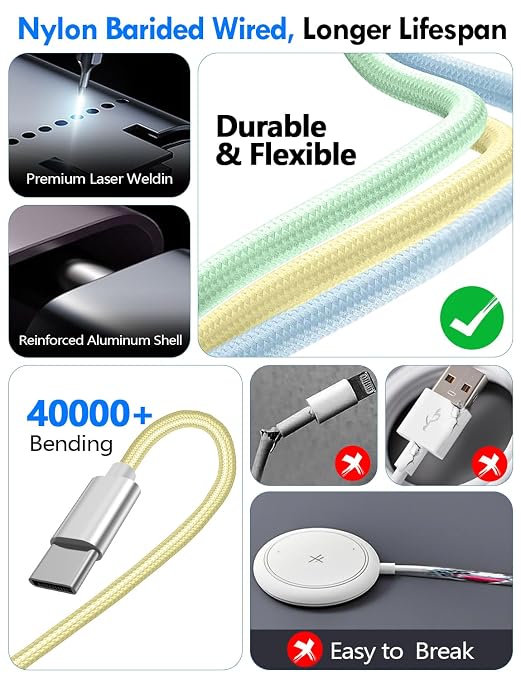 2Pack Travel Essentials for Apple Watch Charger,3-in-2 Multi Charging Cable | Cruise Vacation Camping Essentials for iPhone Charger,Type C/Lightning for iWatch,iPhone 17-12,Xbox Series X&S-4FT Yellow - Image 5