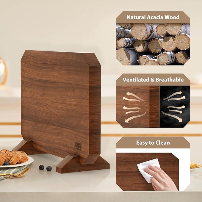 HOSHANHO Magnetic Knife Block, Thickened Acacia Wood Kitchen Knife Holder | Kitchen Knife Stand with Strong Magnets, Multifunctional Double Side Knife Storage Organizer for Kitchen Counter, Ideal Gifts - Image 4