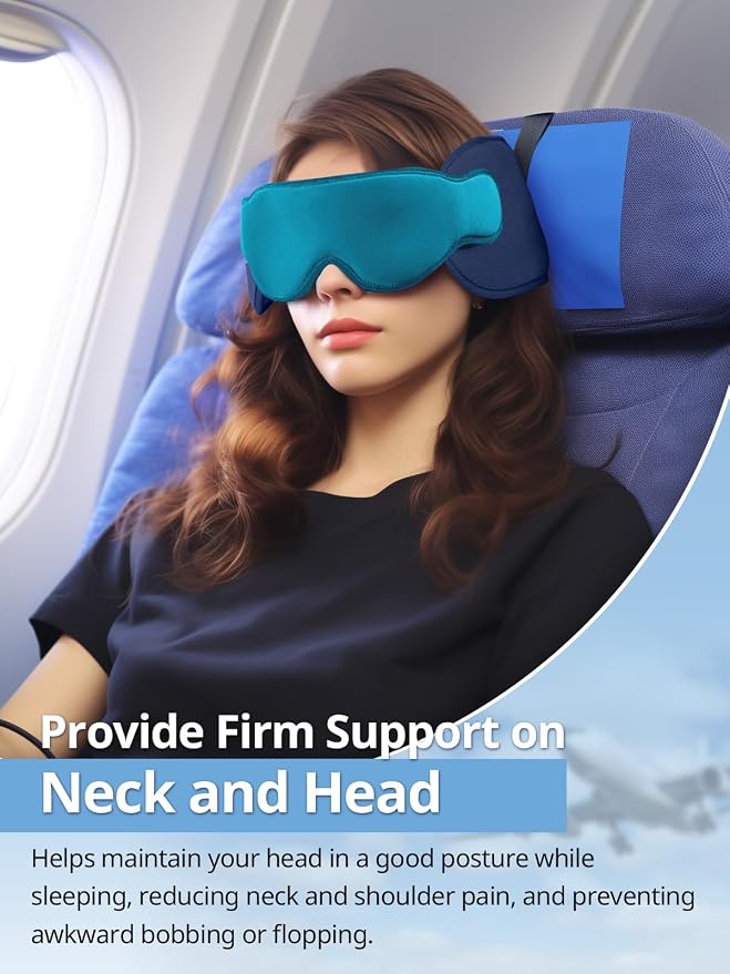 Travel Pillow for Airplane, 360° Head Support for Long Flight | Seat Strap System, On Headrest, Stable Comfort, Stop Bobblehead, 3D Eye Mask Airplane Pillow, Travel Accessories, Royal Blue - Image 2