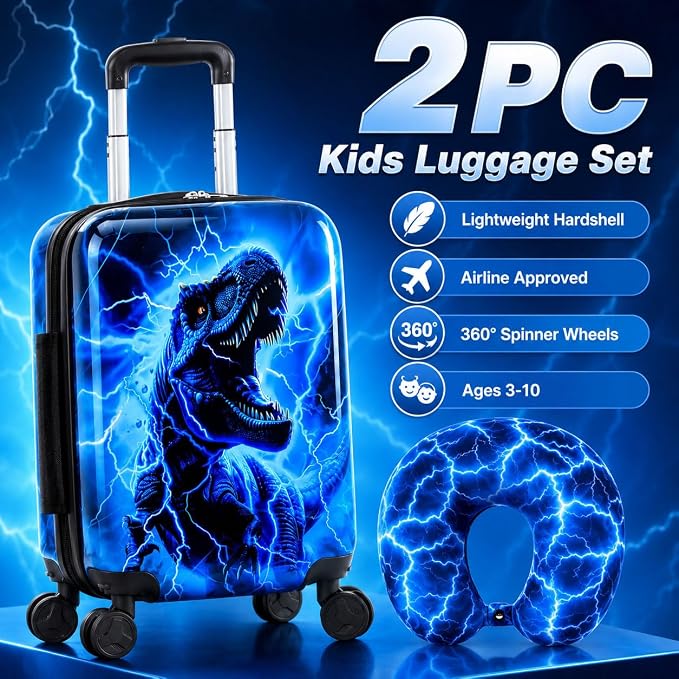 UFNDC Lightweight Hardshell Spinner Luggage Set for Kids 2PCS with Wheels - Airplane Approved Carry-On Suitcase for Boys Ages 3-10, Lightning Dinosaur Rolling Suitcases for Elementary Toddler Travel - Image 7