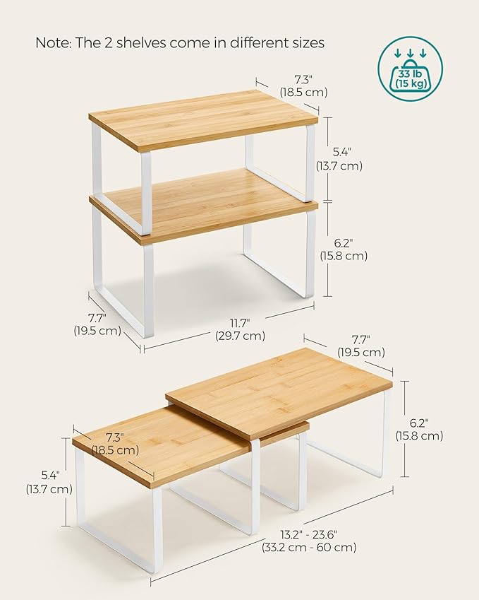 SONGMICS Cabinet Organizer Shelf, Set of 2 Kitchen Counter Shelves, Kitchen Storage, Spice Rack, Stackable, Expandable, Metal and Engineered Wood, Cloud White and Natural Beige UKCS02NW (Pack of 2) - Image 2