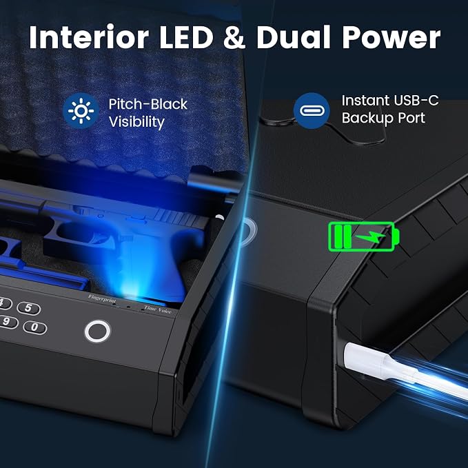 Handheld Portable Biometric Gun Safe for Handgun 3 Ways of Access | Fingerprint Pistol Safe Quick Access with LCD Temperature Humidity for Bedside, Travel, Car, Fit 2 Handguns - Image 5