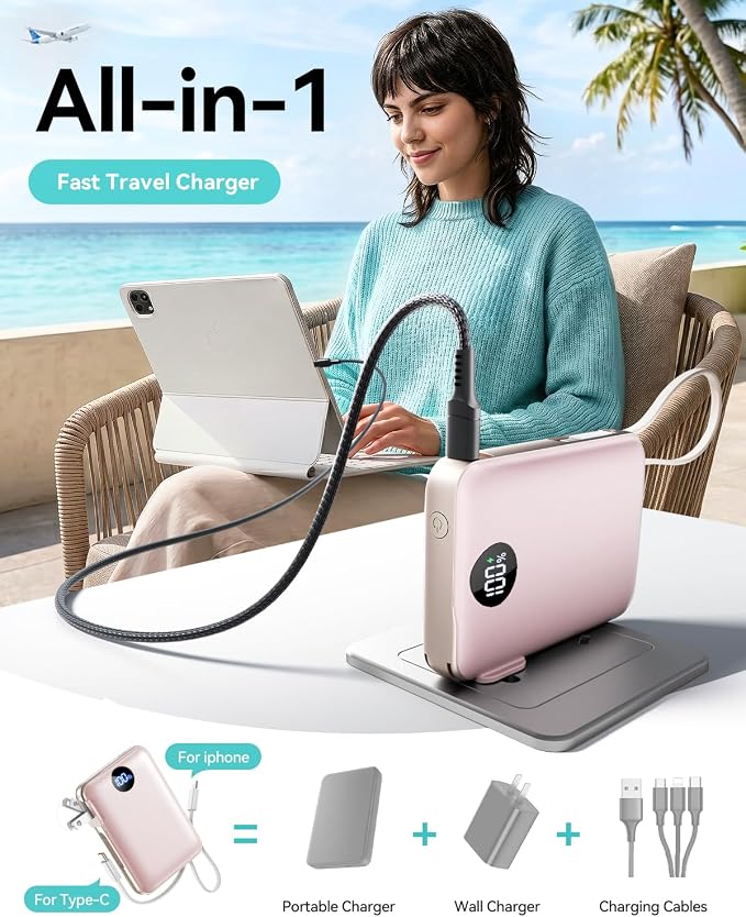 Portable Charger Power Bank 10000mAh, 45% Smaller Built-in Cables & AC Plug | Built-in Cables & AC Plug, 22.5W Fast Charging, 4-Device Charging, Travel Essential, for iPhone, iPad & Samsung Galaxy, Pink - Image 3
