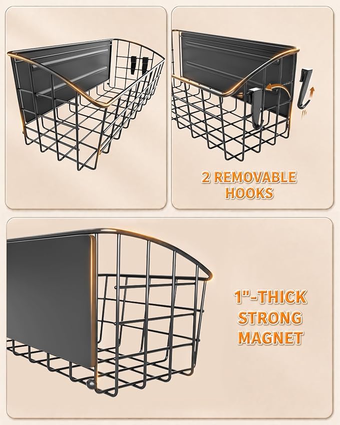 1Pack Magnetic Shelf for Refrigerator with Removable Hooks(Black) | Strong Magnetic Spice Rack for Kitchen Storage, Fruit Potato Onion Storage Shelves, Large Magnetic Basket Organizer - Image 4