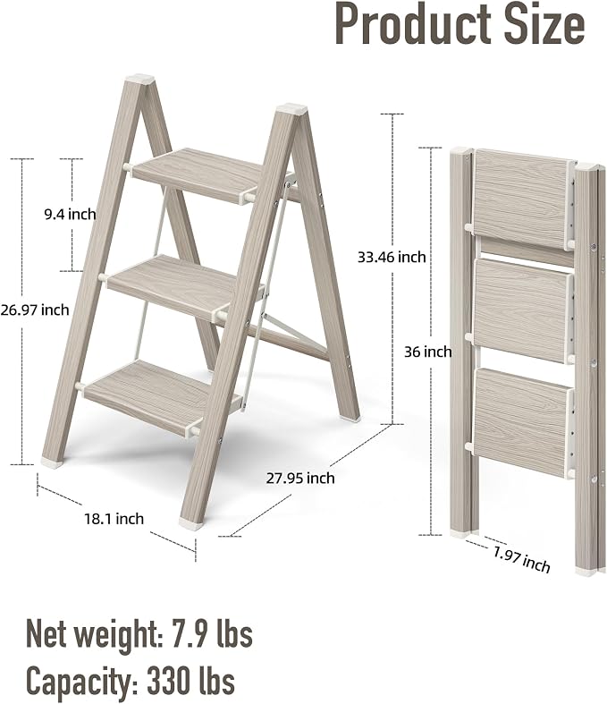 Mayi Plus 3 Step Stool Foldable, Aluminum, Lightweight Step Ladder | Extra-wide anti-slip folding steps with 330 lbs, for home,kitchen,office,outdoor,Fir woodgrain - Image 6