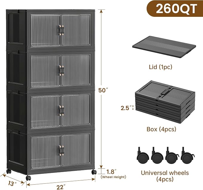 SAILUN 260Qt Stackable Storage Bins,Storage Cabinet with a Lid,4 Pack Black | Stackable Storage Drawers with Lids,22" W x 13" D x 50" H,Featuring open-front Access for Clothes and Closet Storage - Image 2