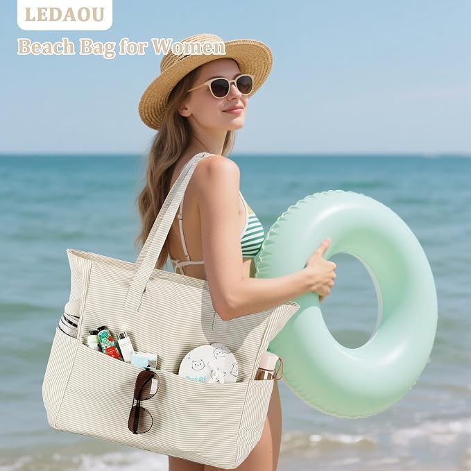 LEDAOU Large Beach Bag for Women, Waterproof Sandproof Tote Bag with Zipper | 36L Pool and Swim bag with Zipper, Wet/Dry pocket and 7 Pockets for Beach Days, Cruises, Vacations and Family travel - Image 2