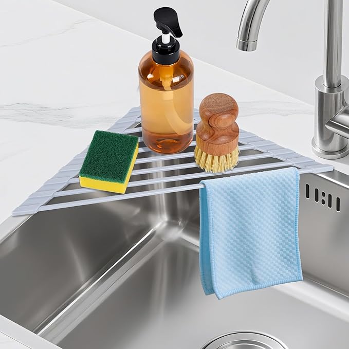 HANZENMA Triangular Sink Rack, Multi-Functional Rack Above the countertop, Foldable Sink Drying mat, Heat-Resistant, Non-Slip, and Rust-Proof Dish Rack (Gray) by HANZENMA