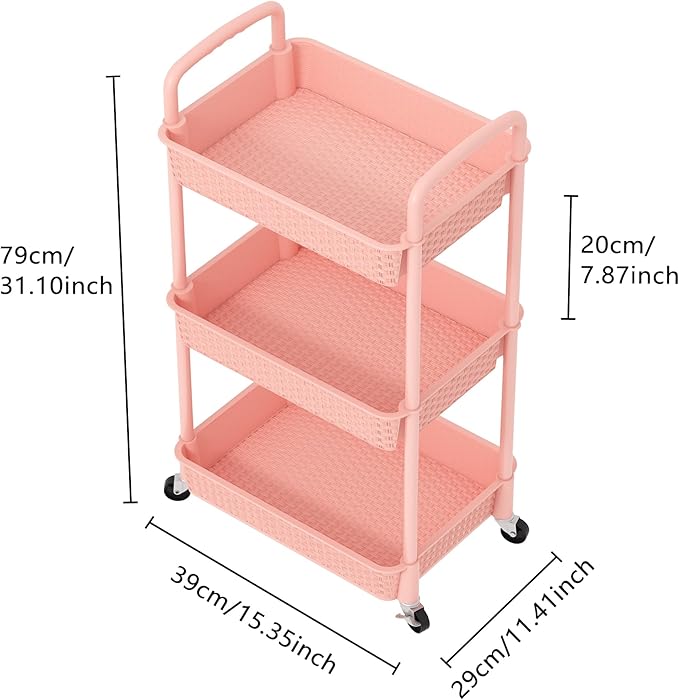 MOYIPIN 3-Tier Plastic Rolling Utility Cart with Handle,Utility,Pink | Utility Storage Cart for Office, Living Room, Kitchen,Movable Storage Organizer，Easy installation，Rattan-like art design - Image 2