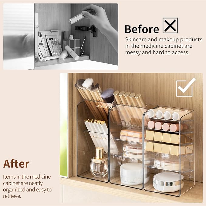 PAVSTINE 2-Pack Medicine Cabinet Organizer with Adjustable Dividers, Clear Vertical Layered Backward Slanting Shelves, Space-Saving, for Makeup Brush/Lip Gloss/Mascara Storage - Image 6