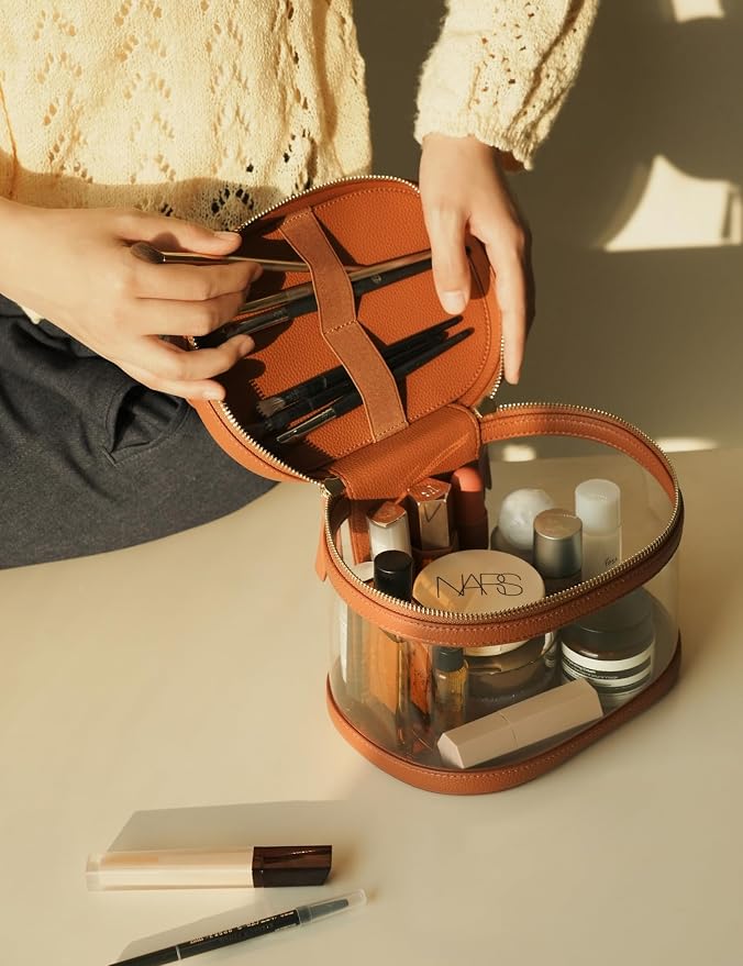 Travel Makeup Case Clear Vanity Bag with Brush Holder, Compact Leather Train Case Brown Make Up Bag Storage Organizer Luxury Cosmetic Case Travel Essentials Cute Portable with Handle - Image 7