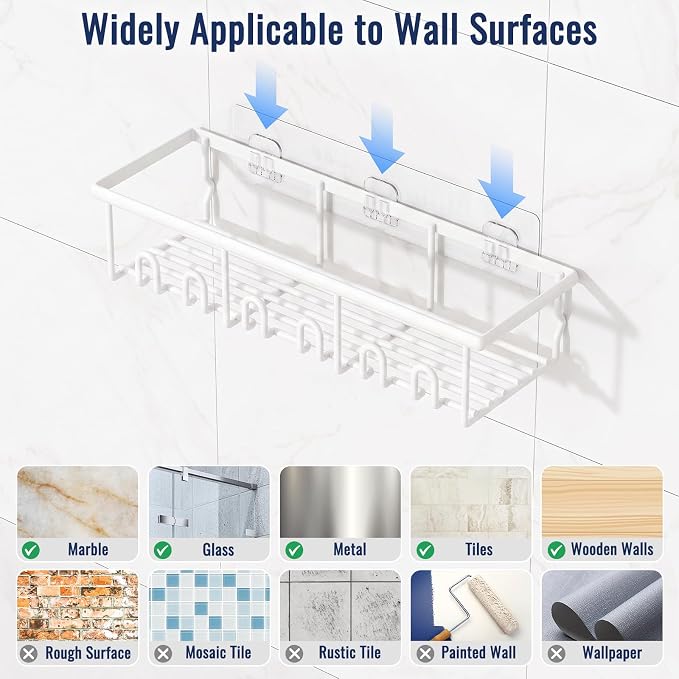 8 Pack Adhesive Rustproof Shower Caddy with Soap Dishes, Toothbrush Holder & Hooks, Large Capacity No-Drilling Shower Shelves Rack for Bathroom Organizers and Storage Accessories, White - Image 7