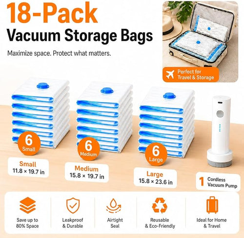 18 Pack Vacuum Bags for Travel with Rechargeable Pump, Save Luggage Space | Transparent Bag Design for Easy Clothing Organization, 1500mAh USB-C Wireless Pump, Ideal for Suitcases, Backpacks, Wardrobes - Image 2