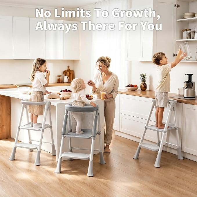 Foldable Toddler Standing Tower, Kitchen Helper Stool for Kids 1.5-6 Years | Safety Rail & Net Foldable Design Non-Slip Stable Easy Clean Portable Space Saving Storage Quick Assembly Montessori Grey - Image 4