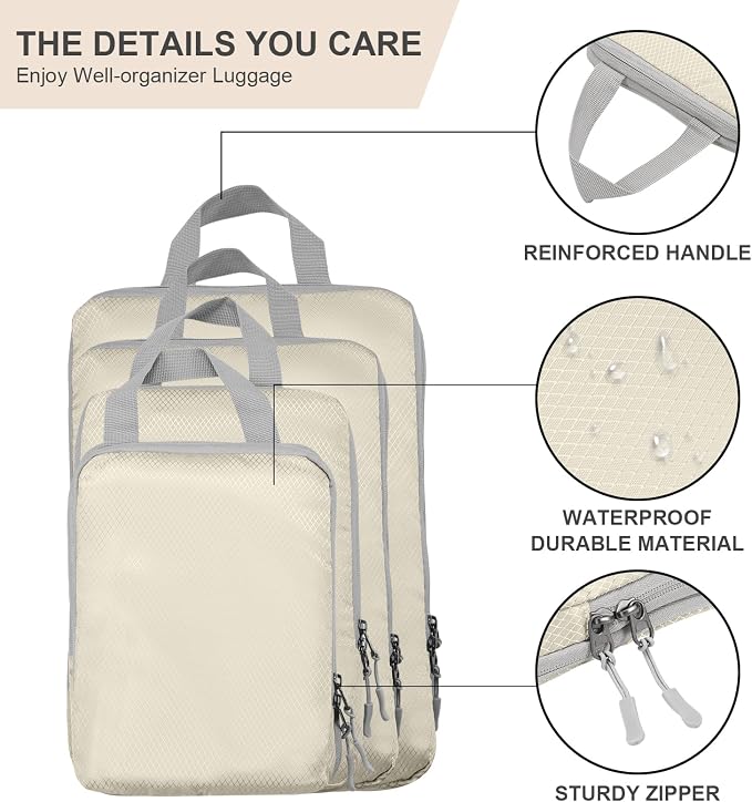 Compression Packing Cubes, Ultralight Packing Cubes for Carry on Suitcase, Travel Packing Essentials for Suitcase Organizer Bags Set, Durable Travel cubes for Luggage (Beige, Set of 4) - Image 2