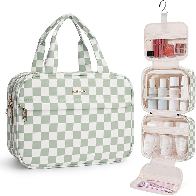 Narwey Hanging Toiletry Bag for Women Checkered Travel Makeup Bag Cosmetic Make Up Organizer Toiletries Bag for Travel Essentials Accessories (Mint Green Checkerboard, Medium) by Narwey