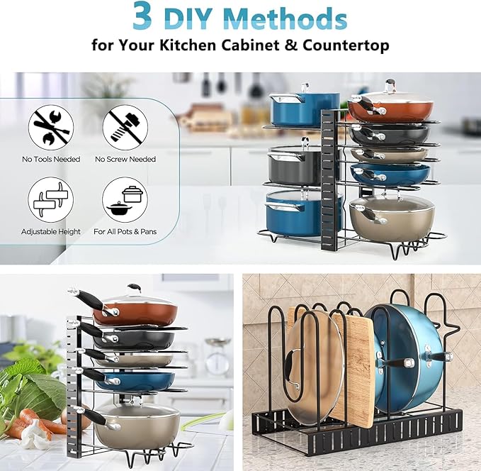 Pots and Pans Organizer Under Cabinet 16.6", 8-Tier Adjustable Rack | 3 DIY Modes, Tool-Free Assembly, Non-Slip, Fits Lightweight Cookware Up to 11", For Kitchen Cabinets, Shelves & Countertops - Image 6