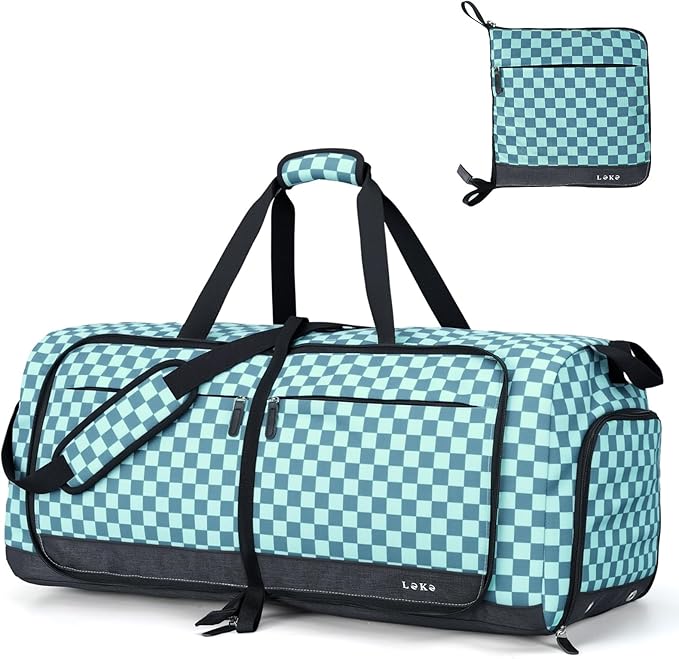 Lekesky Foldable Travel Duffle Bag for Women, Large Duffel Bag with Separate Shoes Compartments & Straps, Carry On Weekend Bag for Women, Hospital, Overnight (Green Gingham, 80L) by LEKESKY