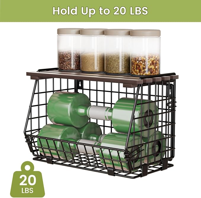 Hanging Fruit Basket for Kitchen, 3 Pack Vegetable Produce Basket | Wood Lid, Wall Mounted & Countertop Wire Storage Basket for Potato Onion Fruits Vegetables, Pantry Organizers Storage - Image 7
