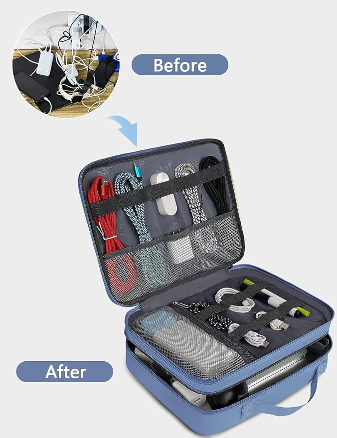 MATEIN USB Cable Organizer Bag, Water Resistant Large Travel Tech Organizer | Electronic Accessories Case with Handle for Tablet, Cable, USB, Hard Drive, Double Layers Travel Gift for Men and Women, Blue - Image 3